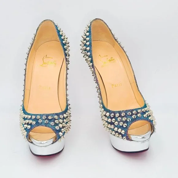 CHRISTIAN LOUBOUTIN Pumps Lady Peep Spike 150 Heels 36 Turquoise Violet Silver - Picture 5 of 10